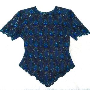 Laurence Kazar Silk Beaded Sequin Top